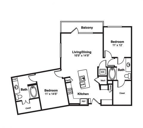 Floor plan for 2 beds, 2 baths, 1171 sqft
